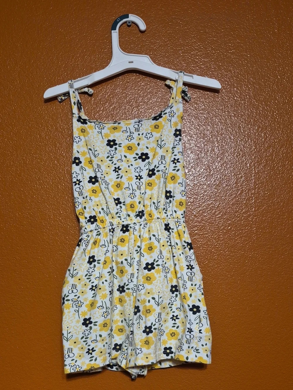 Gerber White Floral Tie-Shoulder Romper with Yellow Accents